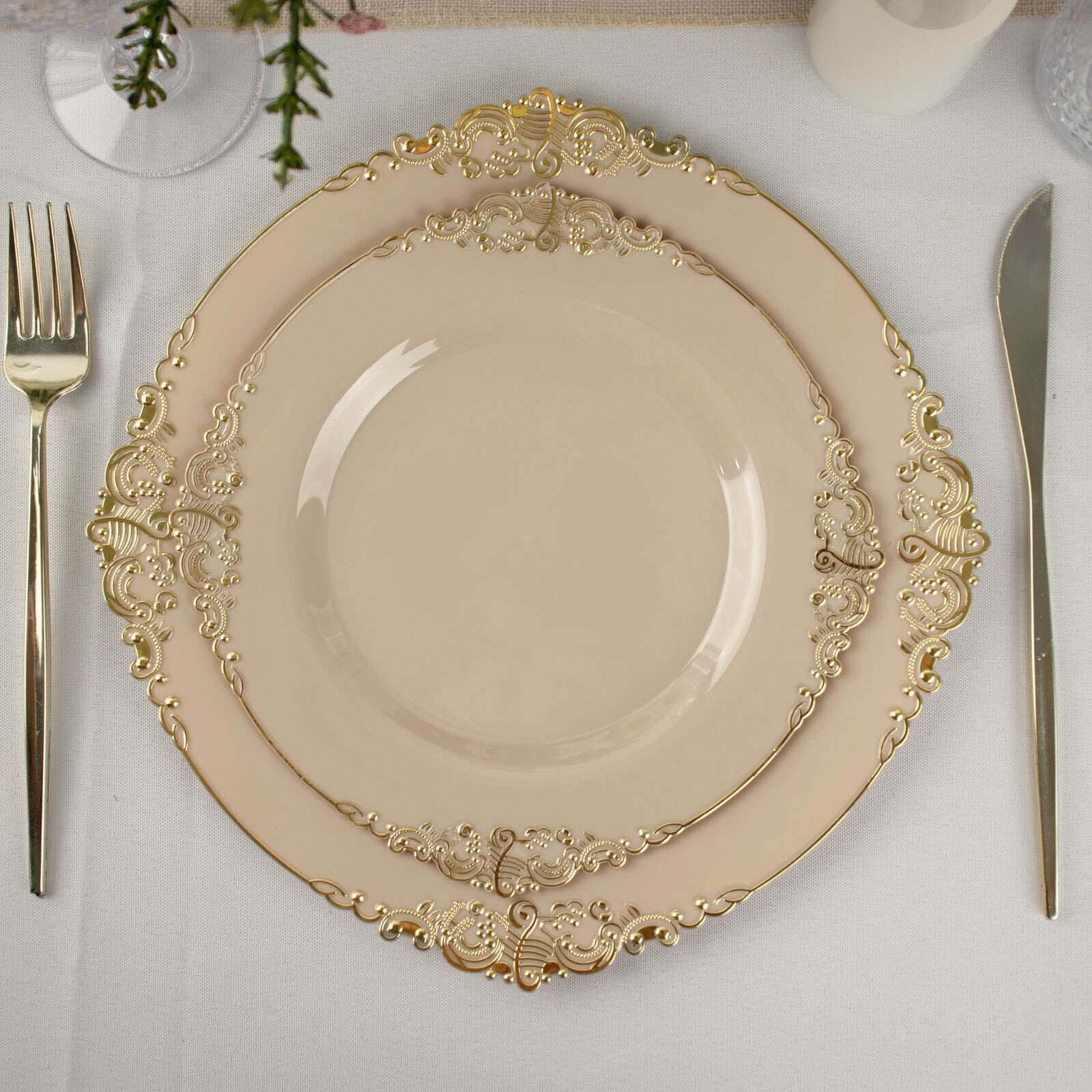 10-Pack Disposable Taupe Plastic Round Dessert Plates with Gold Leaf Embossed Rim - Vintage Baroque Style