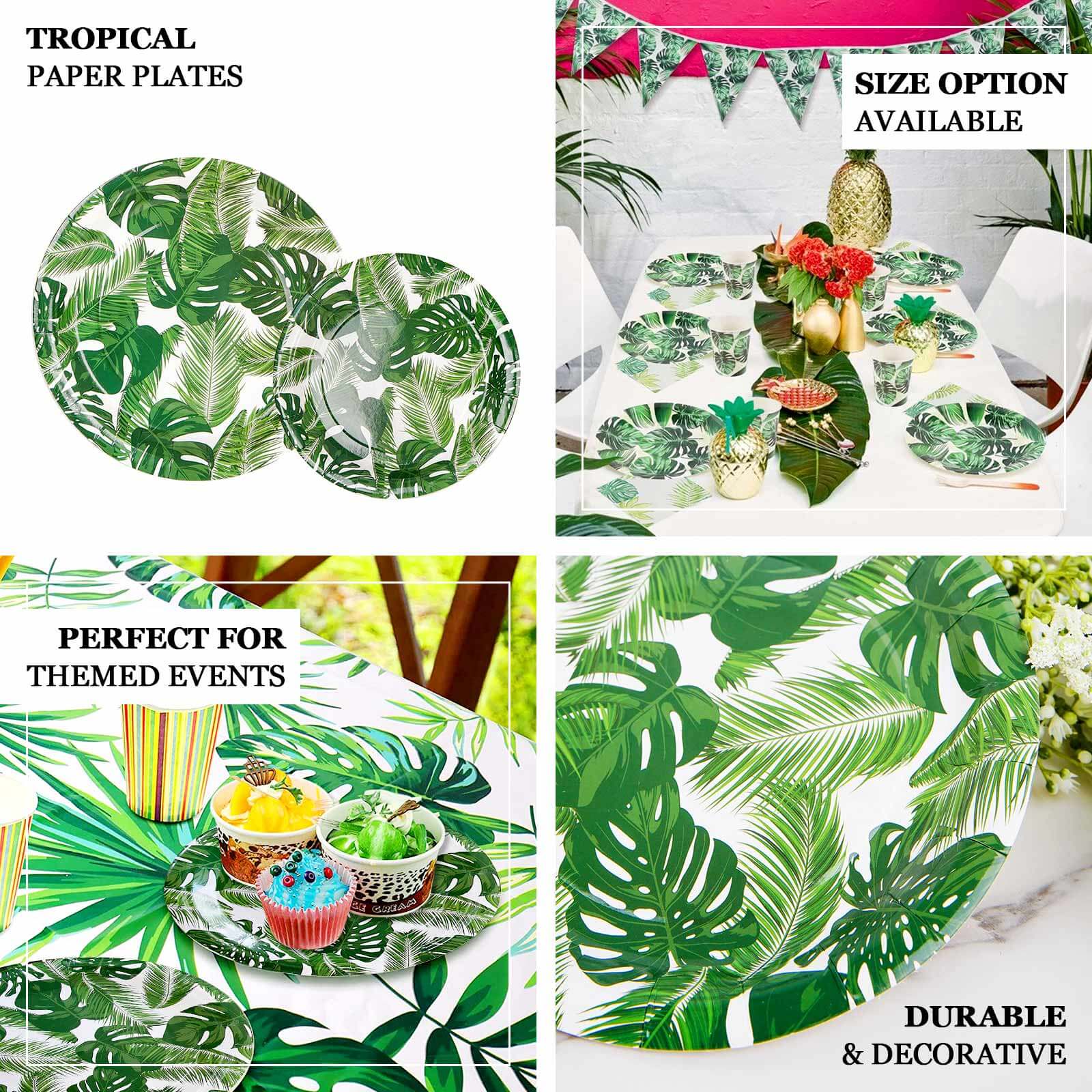 25-Pack Disposable 7-Inch White Paper Dessert Plates with Tropical Palm Leaf Design for Boho & Jungle Themed Parties
