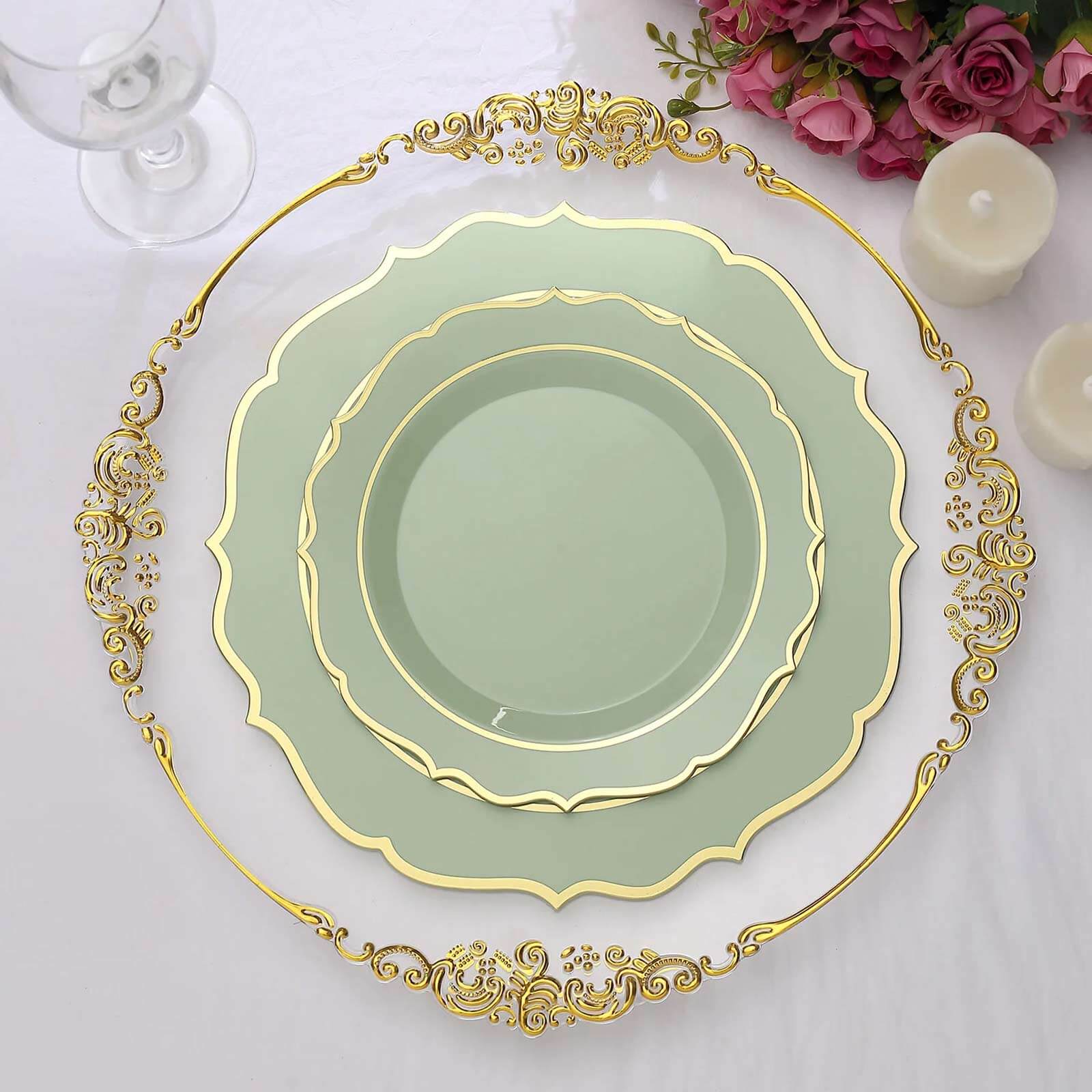 Hot Deal! 10-Pack Disposable Plastic Round Salad Plates in Sage Green with Gold Scalloped Rim, 8-Inch