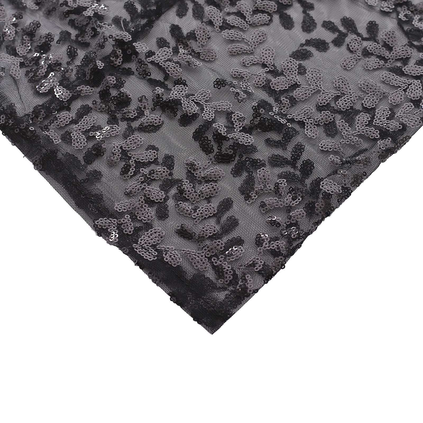 Set of 5 Sparkling Black Sequin Mesh Cylinder Pedestal Covers with Leaf Vine Design