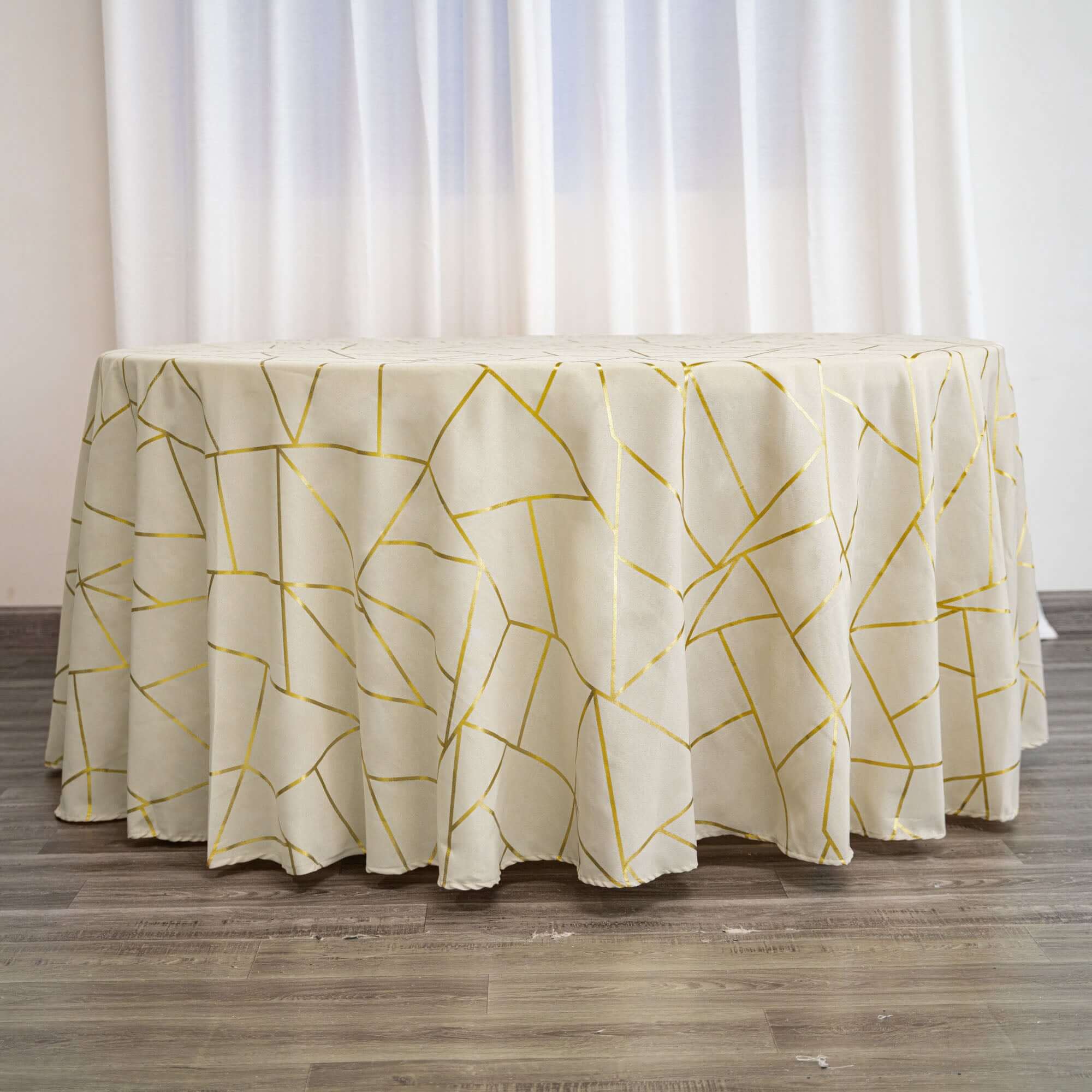 Exclusive Beige Polyester 120 Round Tablecloth with Gold Foil Geometric Pattern - Wrinkle-Resistant