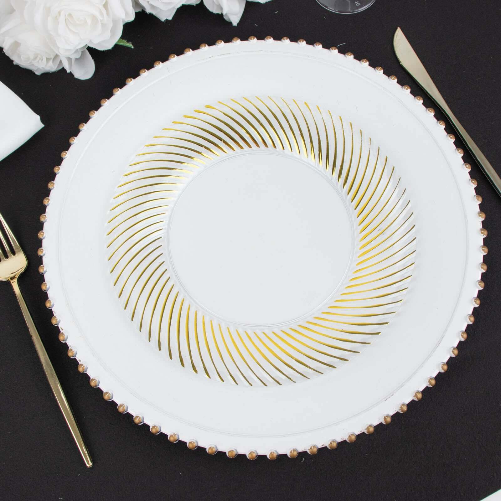 10-Pack Disposable White Dinner Plates with Gold Swirl Rim - Ideal for Parties
