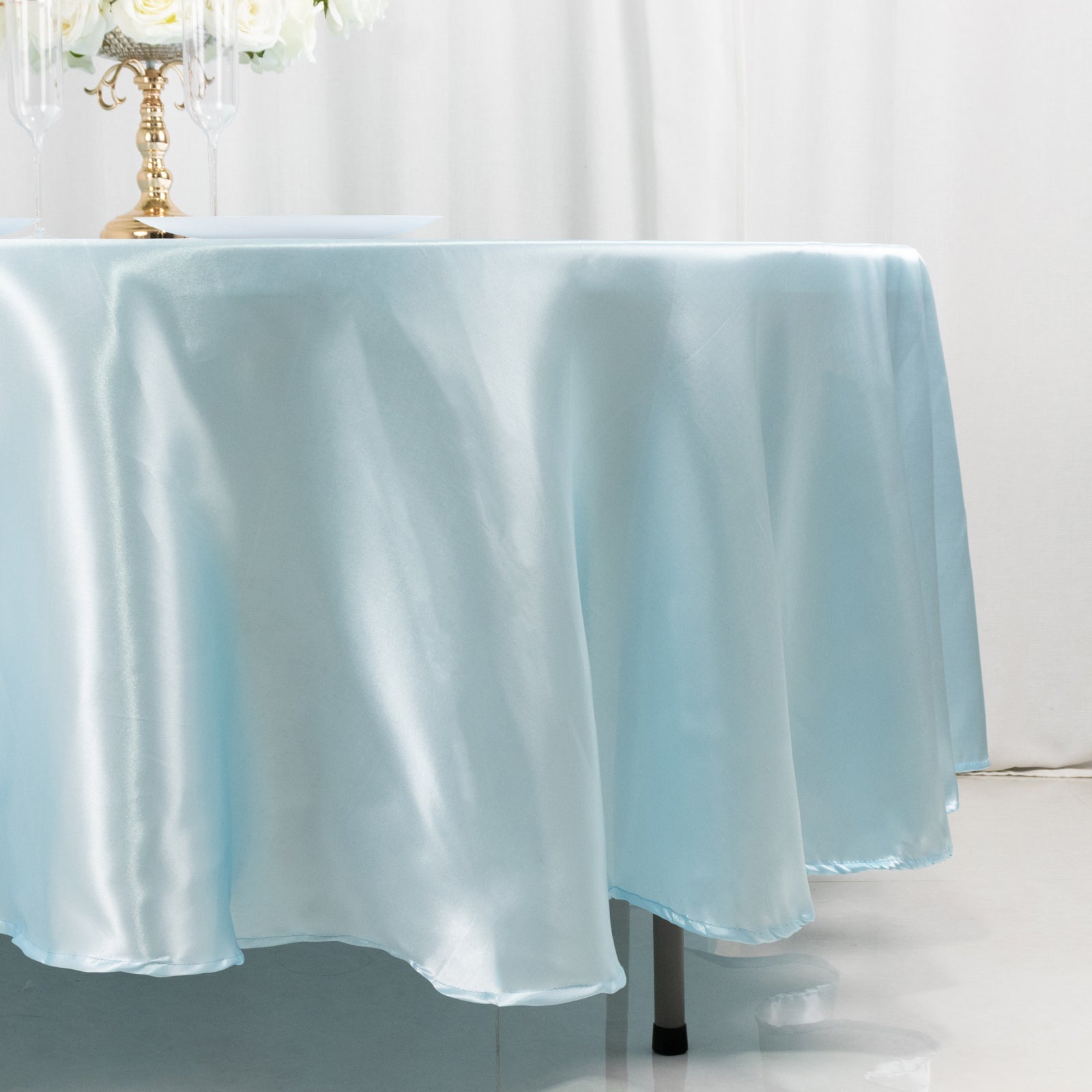 Light Blue Smooth and Lustrous 108-Inch Satin Round Tablecloth