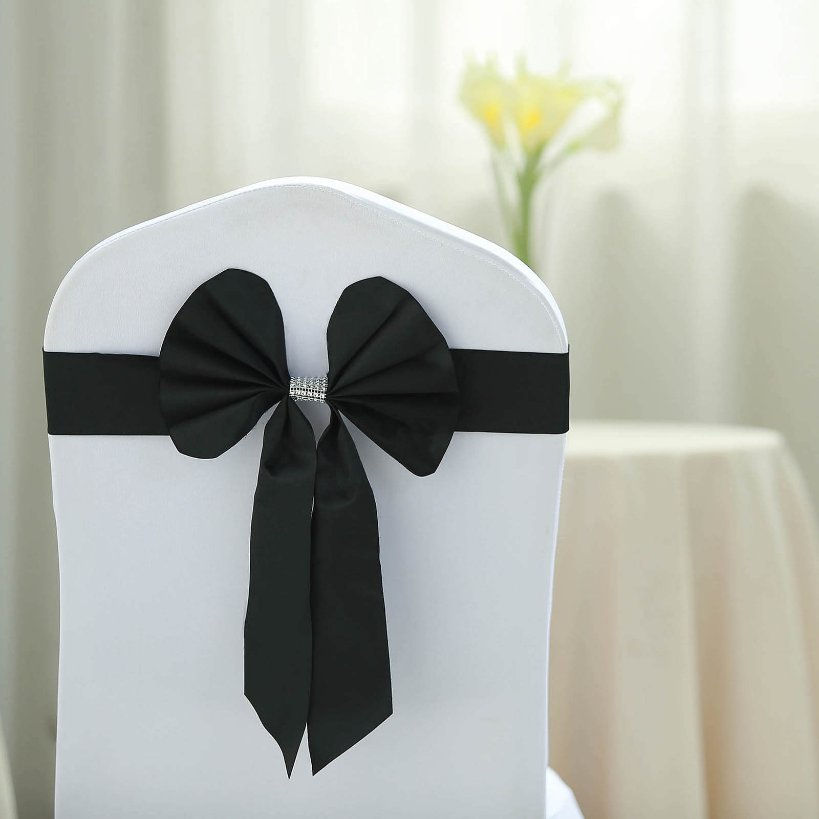 5-Pack Black Satin Faux Leather Chair Sashes with Diamond Rhinestone Buckles - Luxurious Party Decor