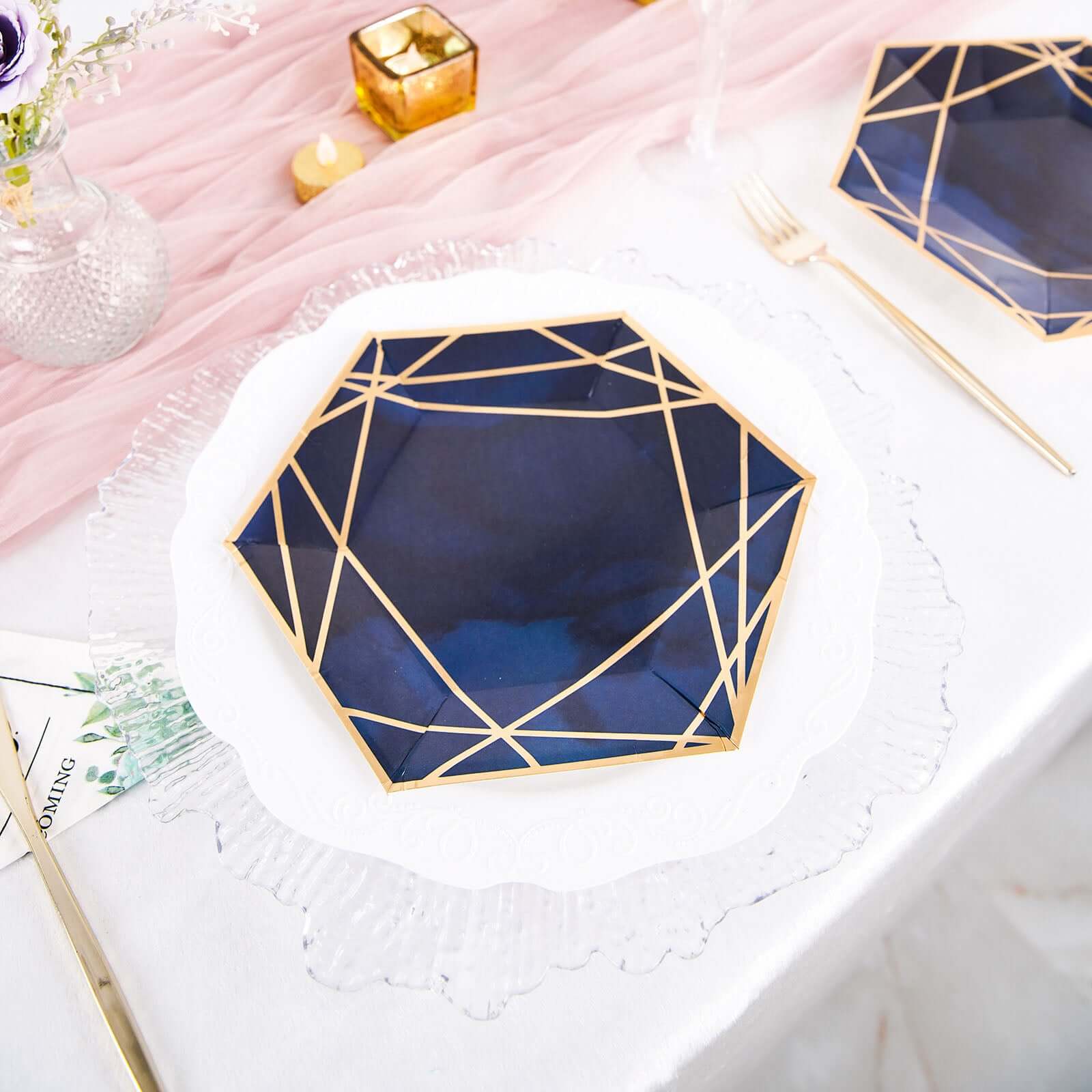 25-Pack Navy Blue & Gold Geometric Hexagon Disposable Paper Appetizer & Salad Dessert Plates