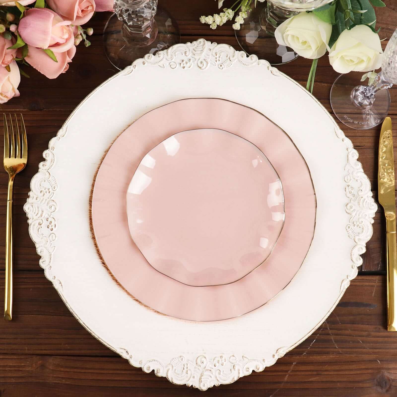 10-Piece Set of Sturdy Disposable Blush Plastic Round Dessert Plates with Gold Ruffled Edging