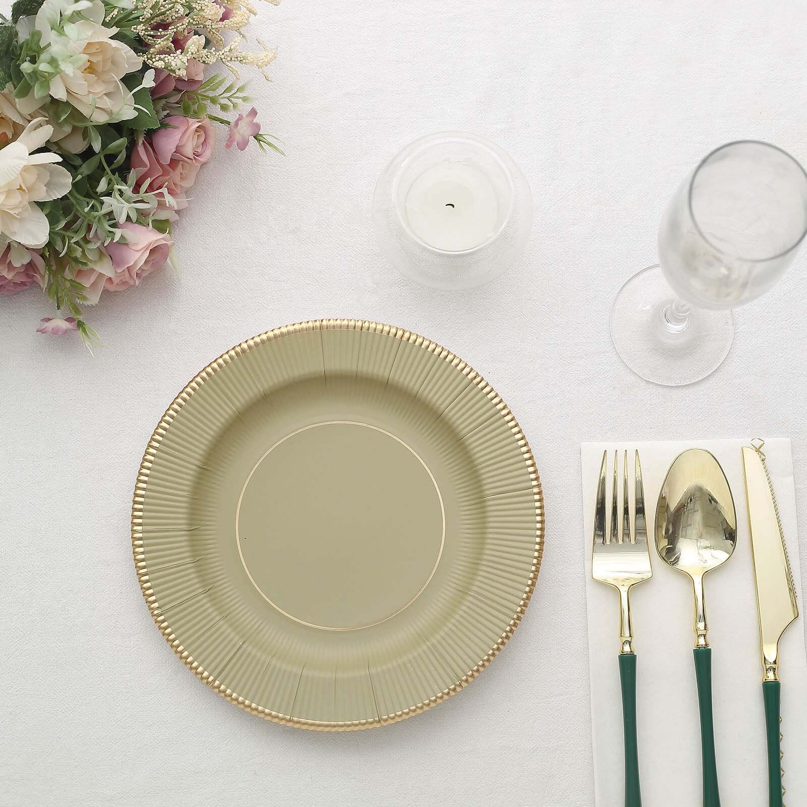 25-Pack Disposable 8-Inch Round Khaki Sunray Dessert Plates with Gold Rim - Heavy Duty 350GSM