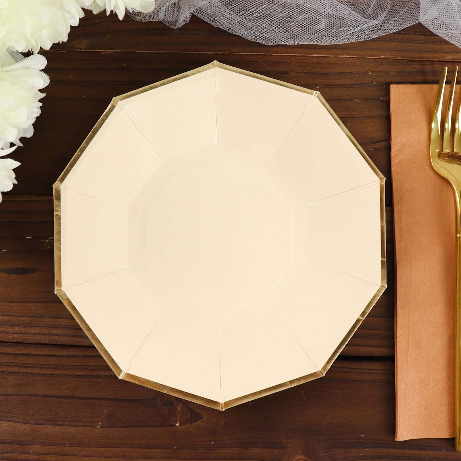 Get 25-Pack of 7-Inch Beige Paper Appetizer Plates with Stylish Gold Foil Rim