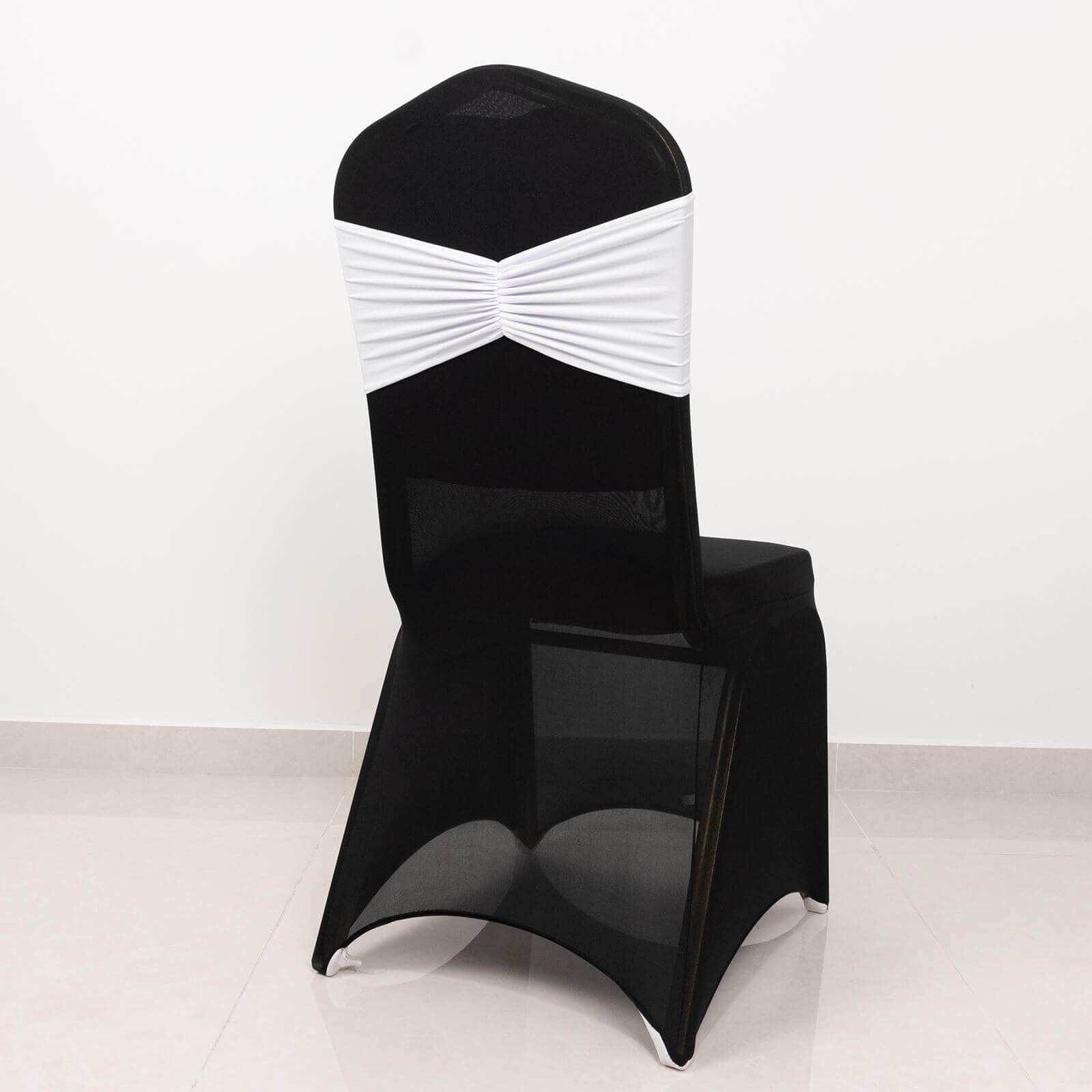 5-Pack White Ruffled Spandex Chair Sashes - Wide Stretch Bands for Elegant Weddings and Events