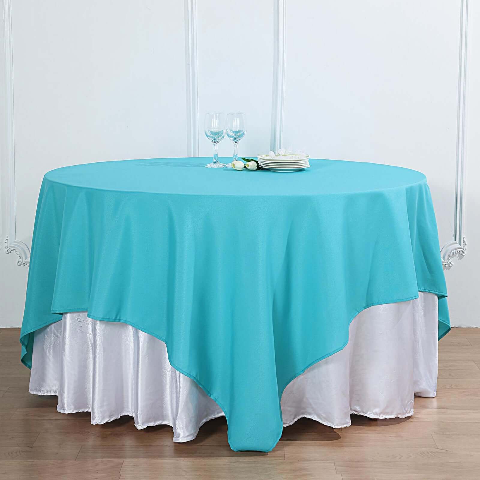 Turquoise 90x90 Polyester Square Table Overlay - Wrinkle-Free & Durable