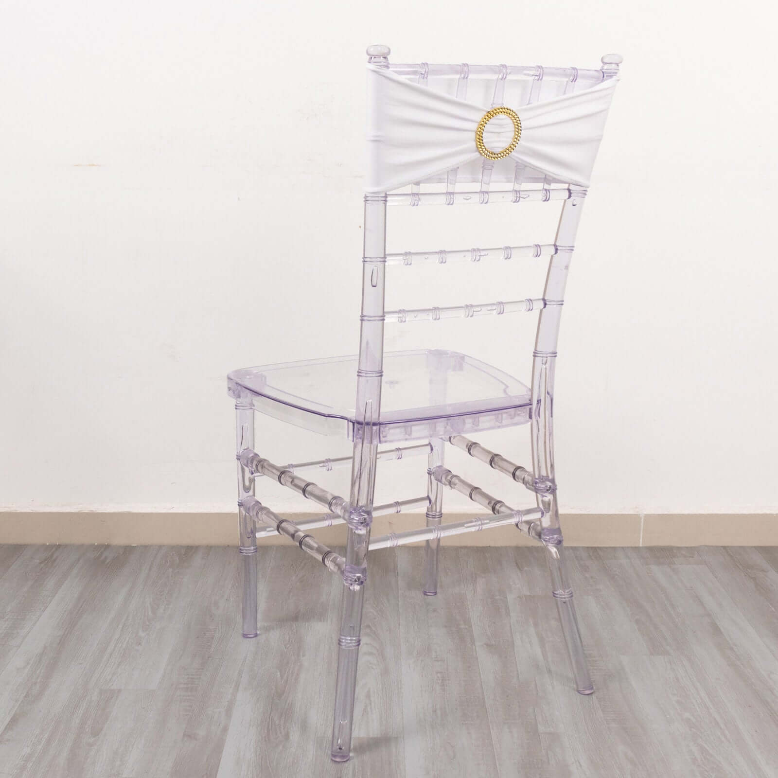 5-Piece Reusable White Spandex Chair Sashes with Gold Rhinestone Plastic Buckles for Weddings and Parties