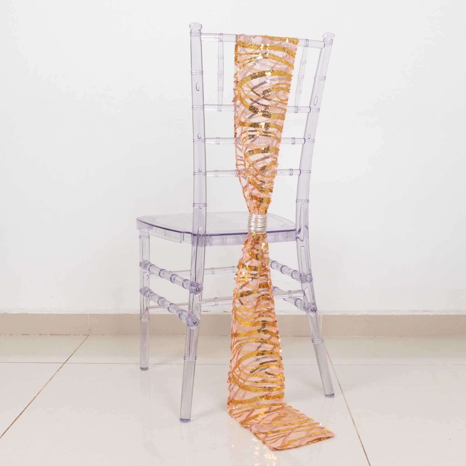 5-Piece Set of Rose Gold/Gold Chair Sashes with Sparkling Wave Embroidered Sequins, 6x88