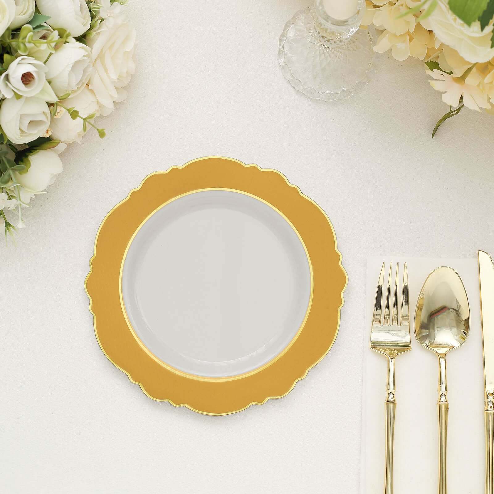 10-Pack Disposable White Plastic Dessert Plates with Gold Blossom & Edging for Elegant Table Decor