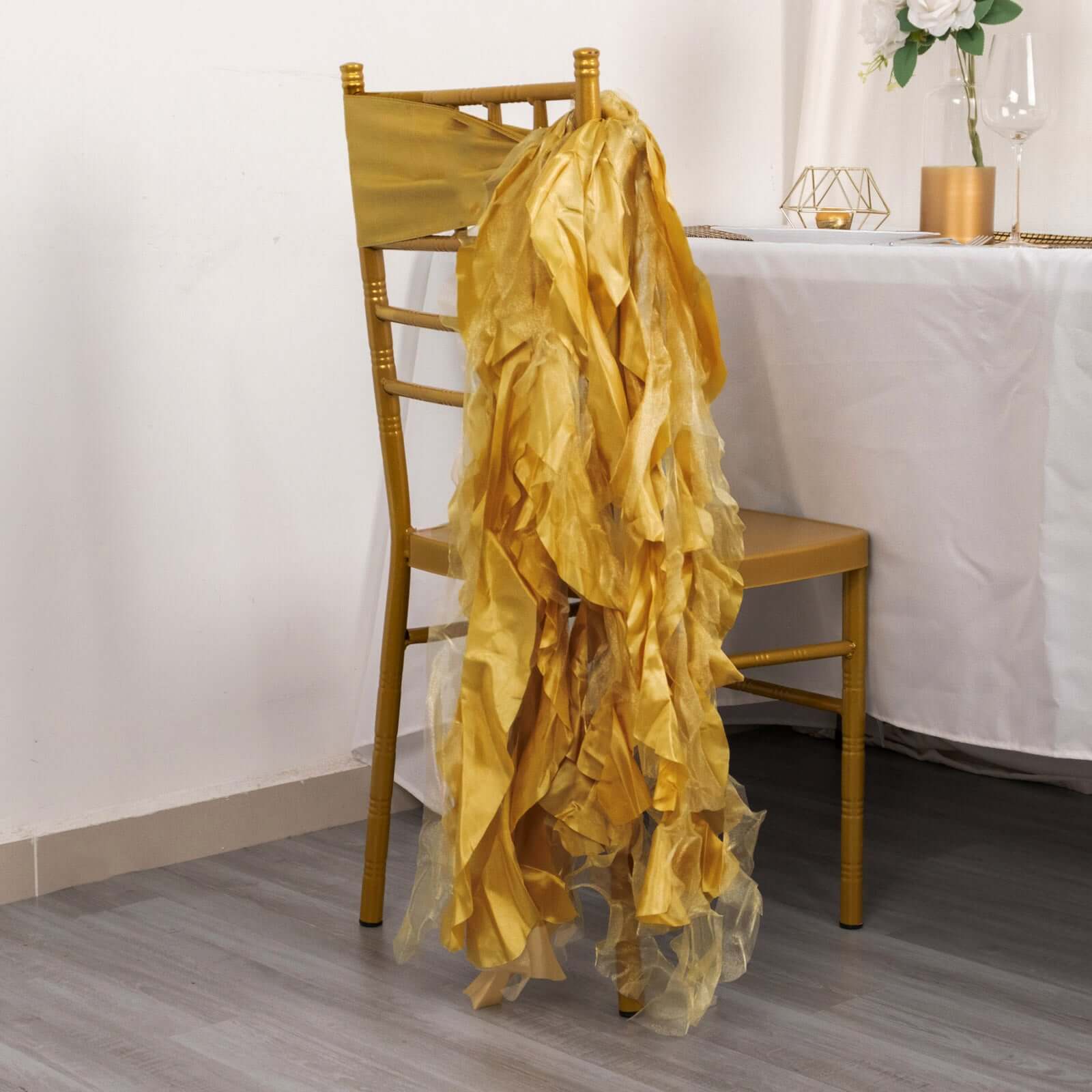 5-Pack Gold Chiffon Satin Curly Willow Chair Sashes - Easy Install, Ideal for Weddings