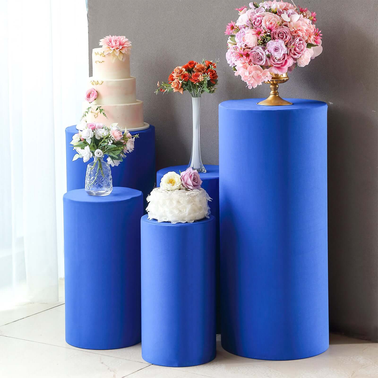 Hot Sale! Set of 5 Royal Blue Stretchable Spandex Cylinder Pedestal Stand Covers - 160 GSM