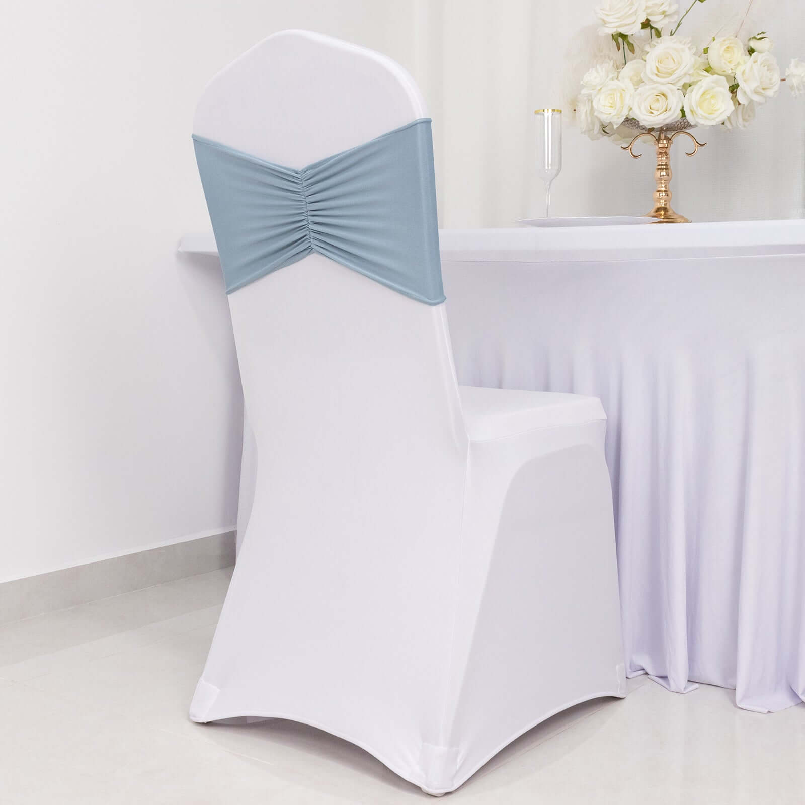 5-Pack Dusty Blue Ruffled Spandex Chair Sashes - Wide & Easy-to-Use Stretch Bands