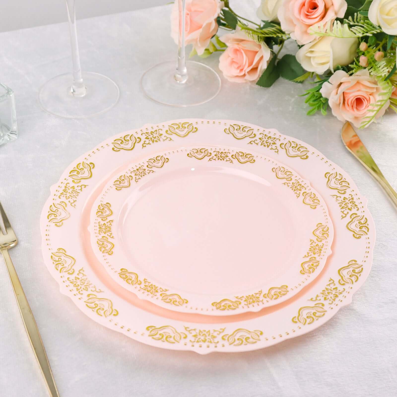 Hot Deal! 10-Pack Disposable Blush Plastic Round Appetizer Plates with Gold Embossed Scalloped Edge for Special Events