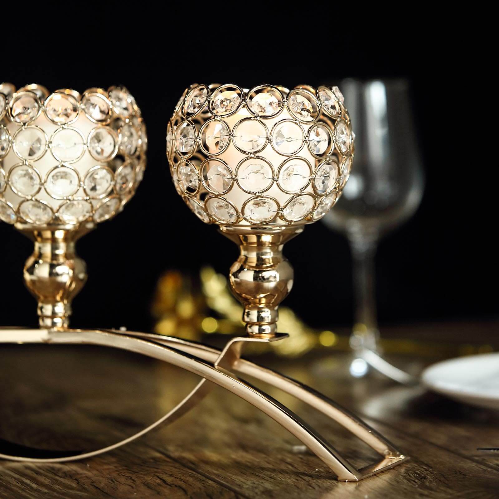 Chic Gold 3-Arm Arch Bridge Candelabra with Crystal Beads - Ideal Table Centerpiece for Events