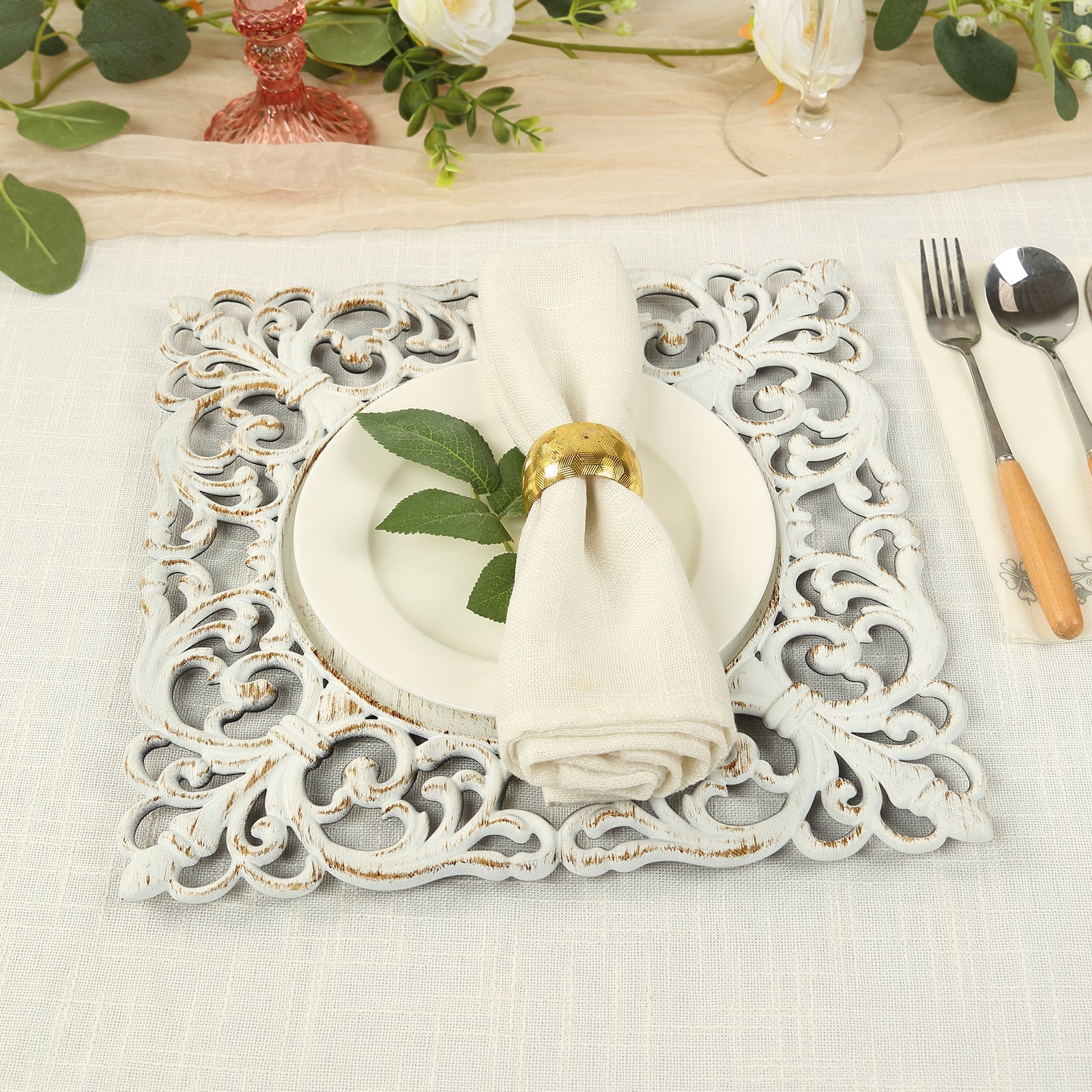 6-Piece Set of Whitewashed Acrylic Square Charger Plates with Hollow Lace Border, 12 Inches, Ideal for Events