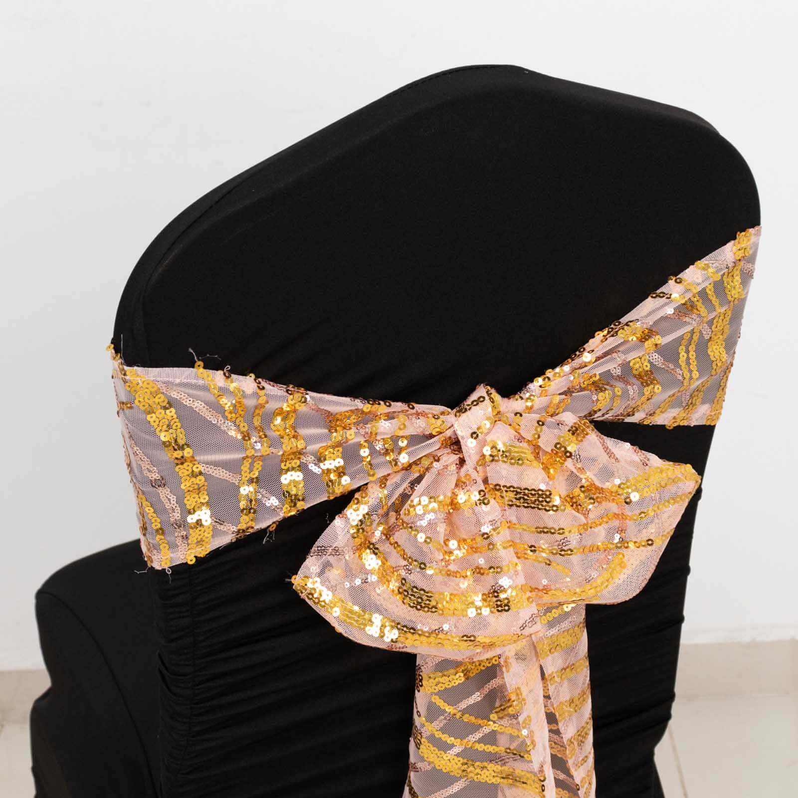 5-Piece Set of Rose Gold/Gold Chair Sashes with Sparkling Wave Embroidered Sequins, 6x88