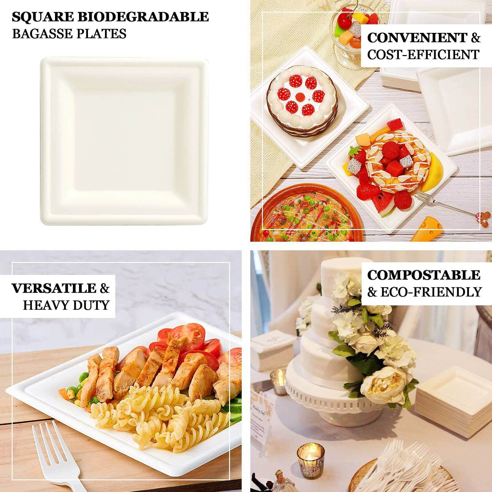 50-Pack White Biodegradable Bagasse 6" Square Dessert Plates - Ideal for Outdoor & Eco-Friendly Celebrations