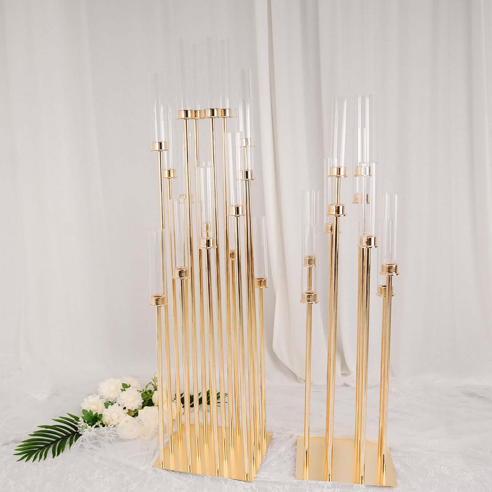 Stylish 10-Arm Gold Cluster Taper Candle Holder with Clear Glass Shades for Gatherings