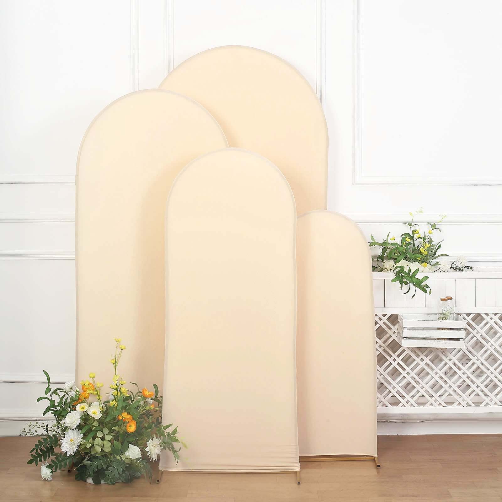 Hot Sale! Set of 4 Matte Beige Spandex Fitted Covers for Round Top Chiara Wedding Arch Stands in 4 Sizes