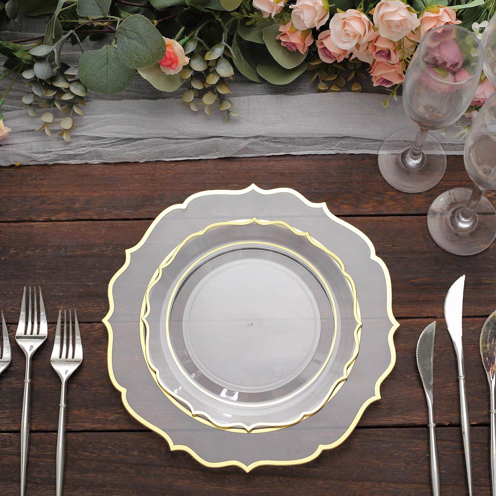 10-Piece Set of Clear Plastic 8-Inch Round Desert Plates with Gold Scalloped Rims - Disposable Appetizer/Salad Plates