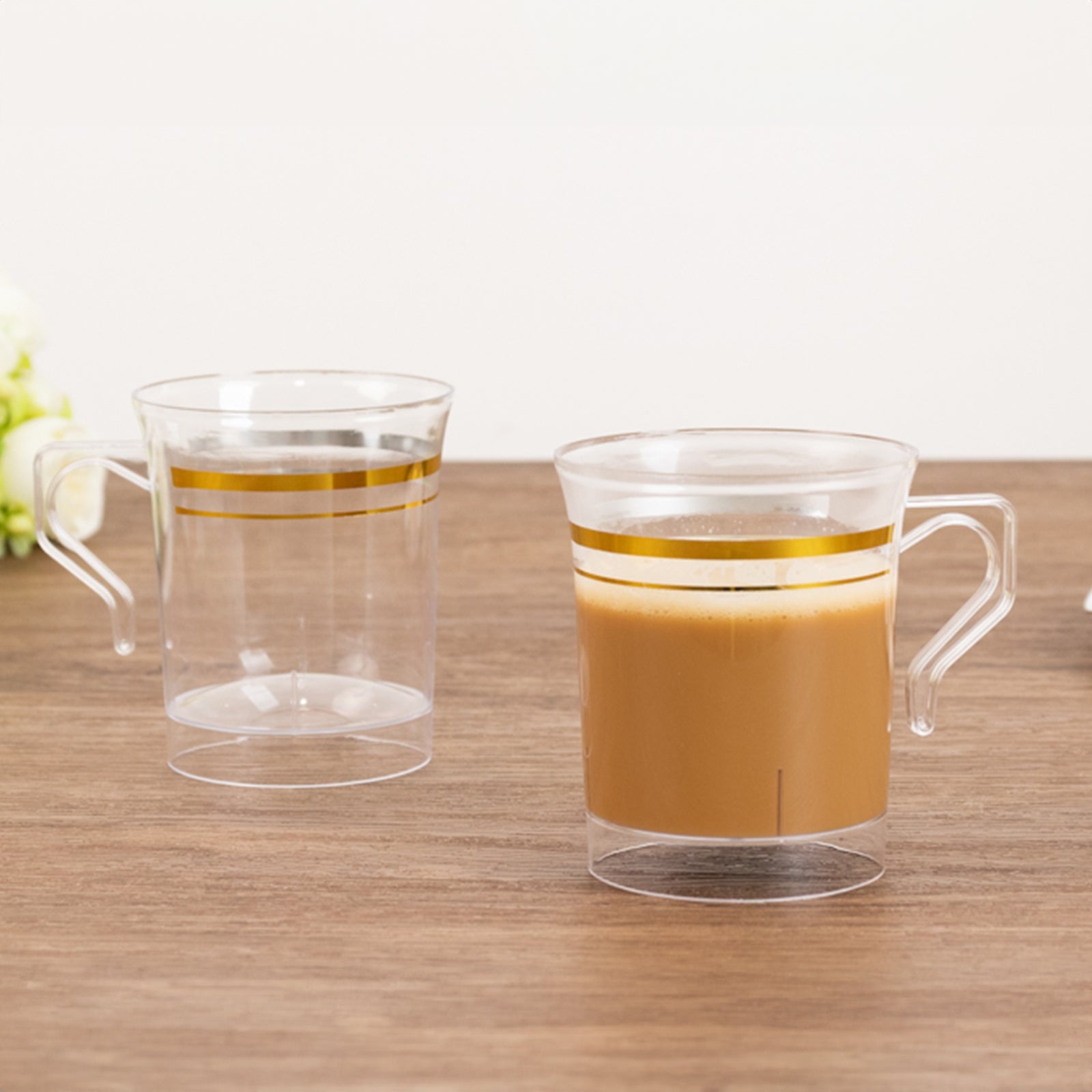 8-Pack Disposable 8oz Clear Plastic Coffee Mugs with Gold Stripes - Ideal for Events
