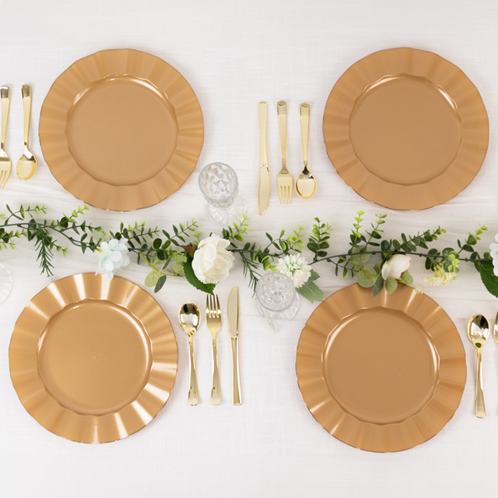 Get This 10-Pack of Sturdy Gold Plastic Round Dinner Plates with Ruffled Rim for Classy Events
