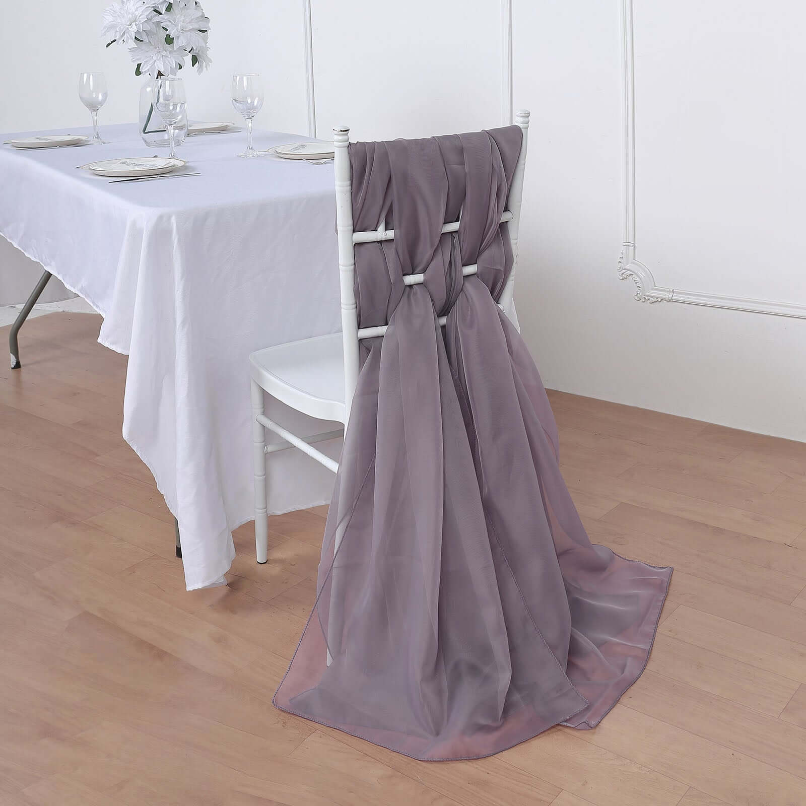 5-Piece Set of Premium Violet Amethyst Chiffon Chair Sashes - Soft, Lightweight Designer Bows 22x78