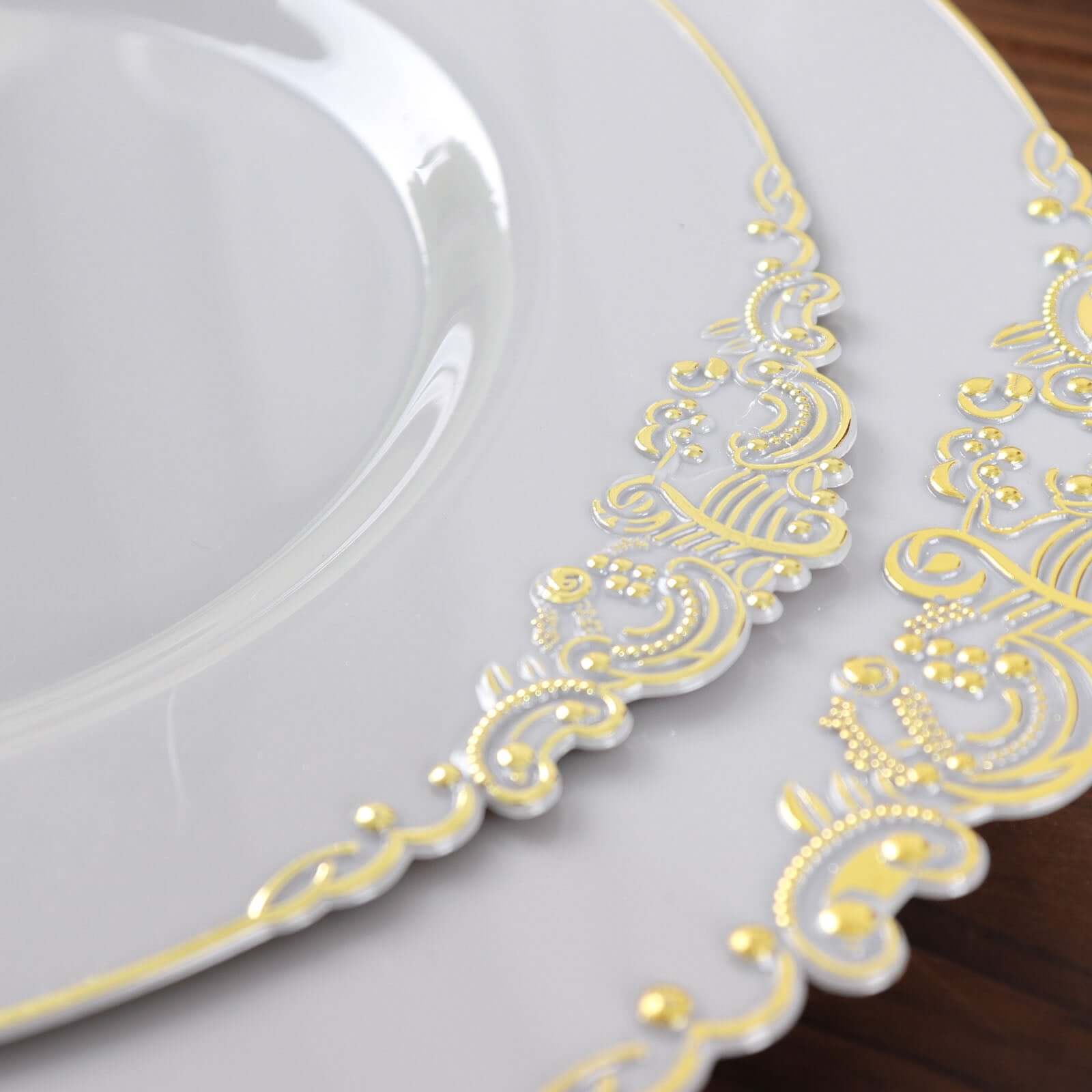 10-Pack Disposable Gray Plastic Round Dessert Plates with Gold Leaf Embossed Rim, Baroque Style