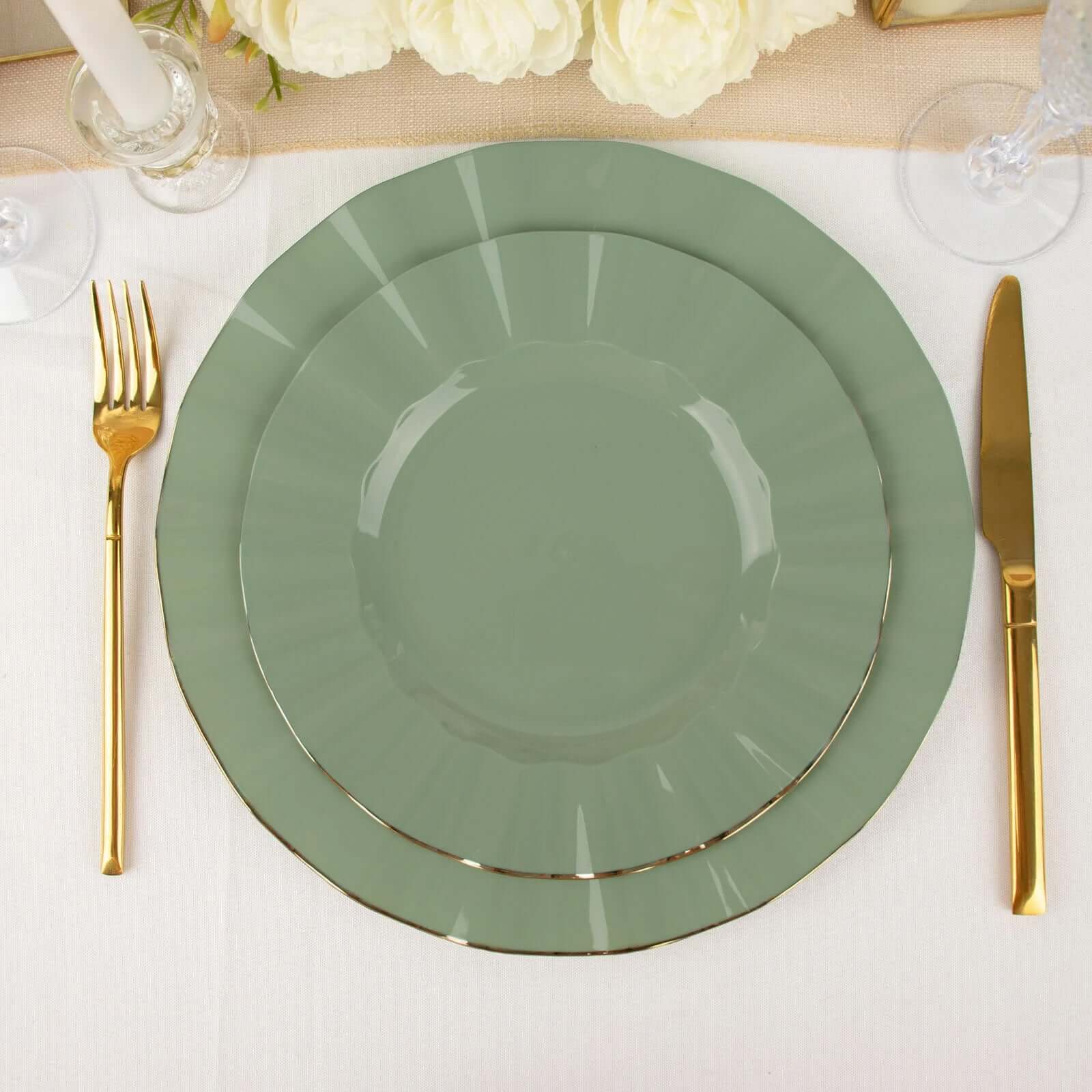 10-Piece Set of Sturdy Disposable 9-Inch Round Dinner Plates in Dusty Sage Green with Gold-Rimmed Ruffle