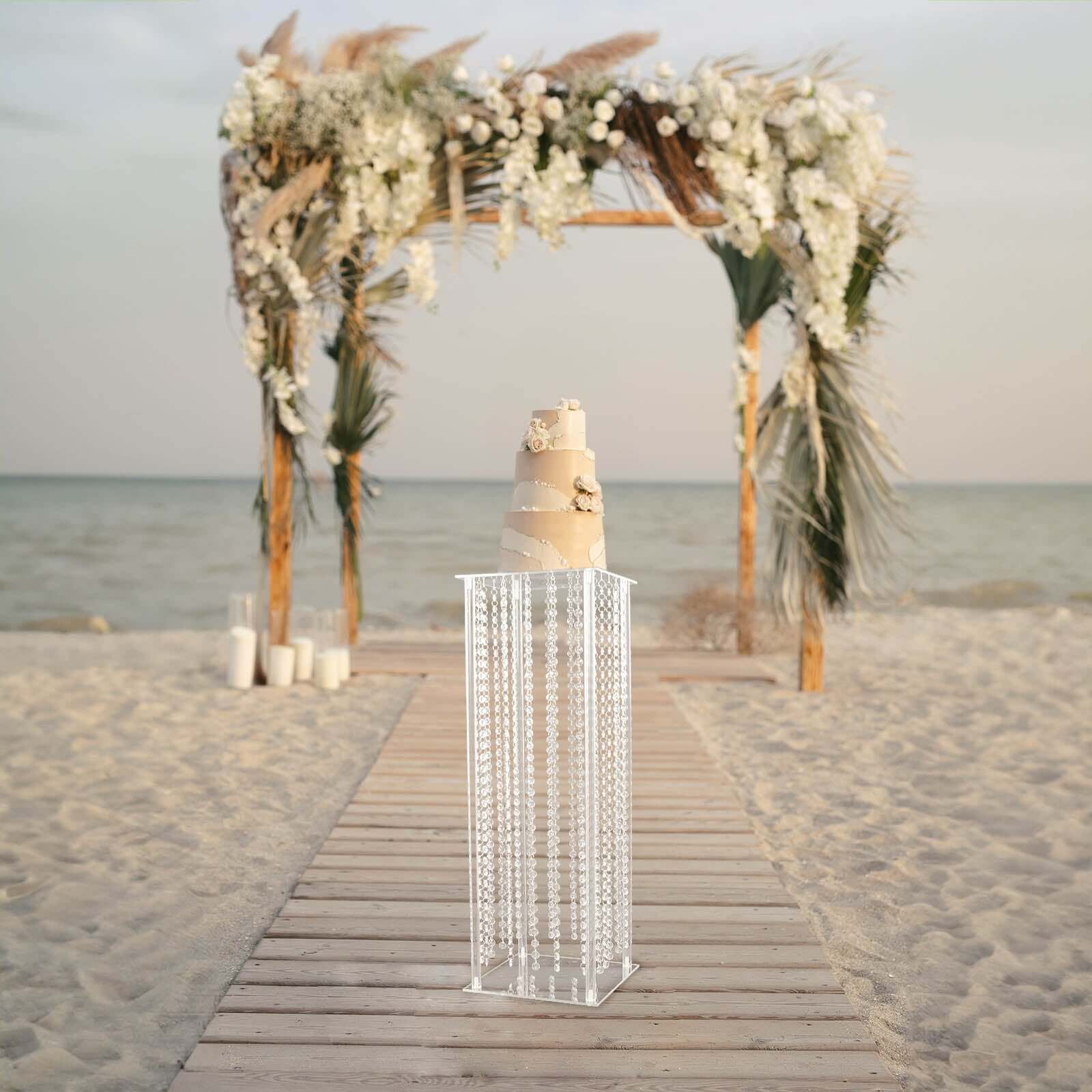 Clear Acrylic Flower Pedestal Vase with Crystal Beads - Elegant 40" Wedding Floor Centerpiece