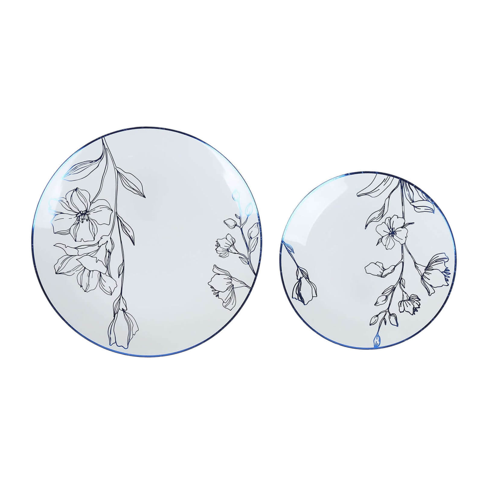 Stylish Disposable Set of 20 White Plastic Plates with Metallic Blue Floral Design - 8, 10 Inches