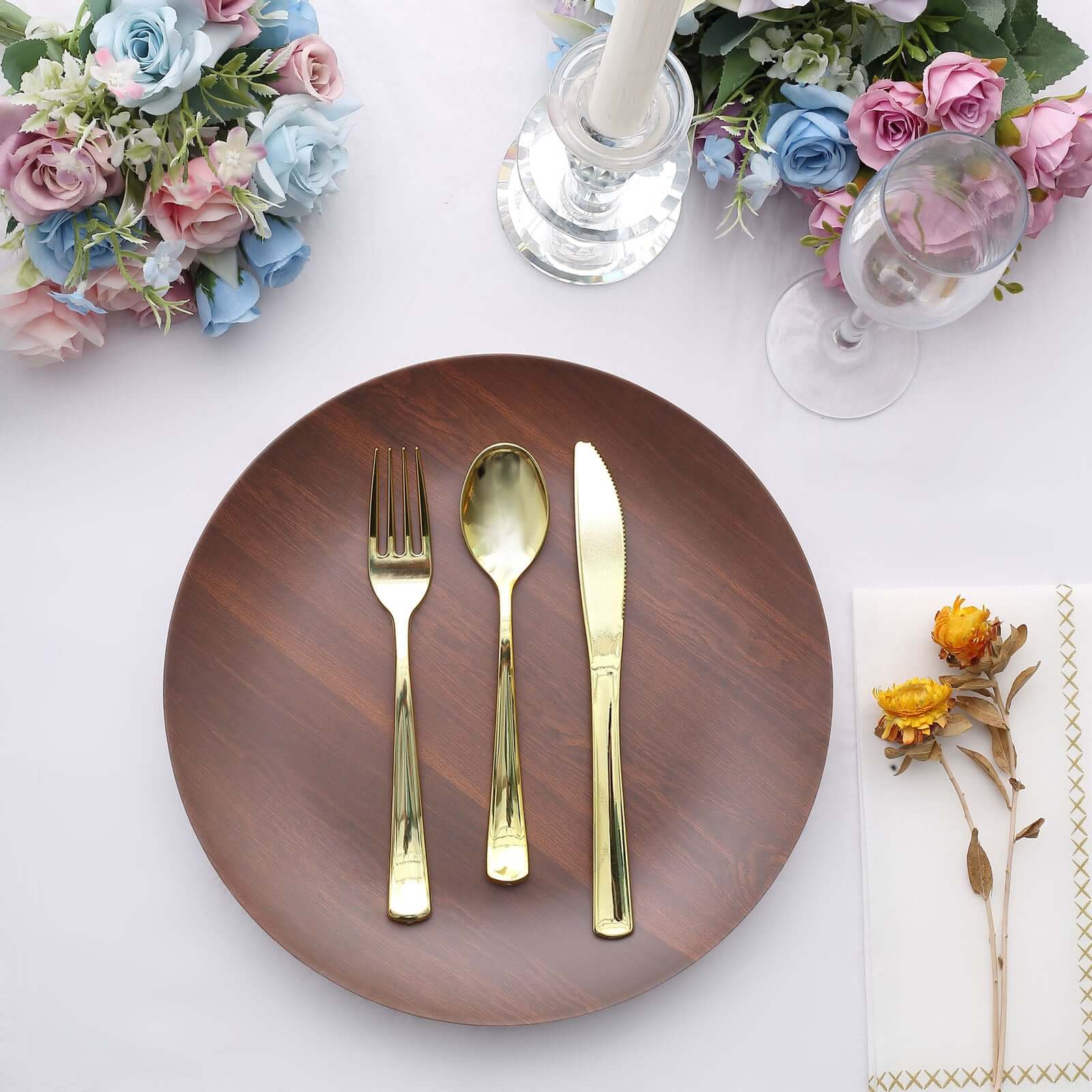 Set of 6 Disposable Shatterproof Brown Wood Grain Melamine 10-Inch Round Dinner Plates for Rustic Party Decor