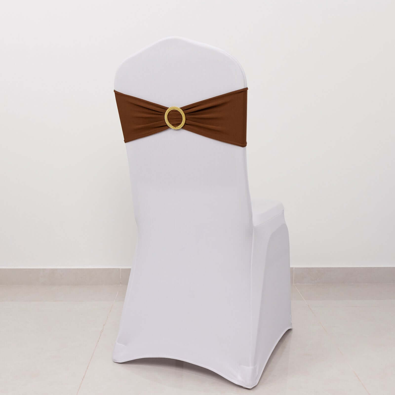Hot Sale! 5-Piece Set of Reusable Cinnamon Brown Spandex Chair Sashes with Gold Rhinestone Buckles, 5x14