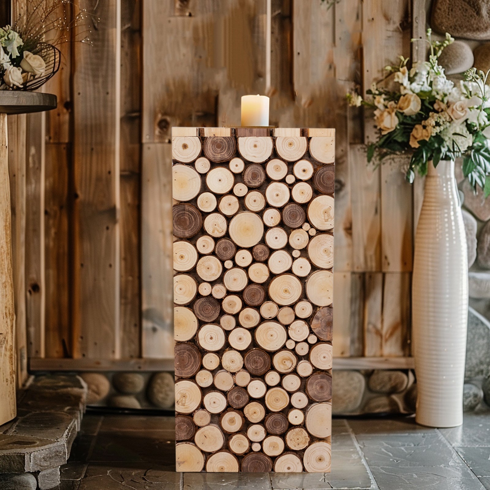 24-Inch Natural Brown Wooden Rectangular Plant Stand, Rustic Farmhouse Pillar Prop