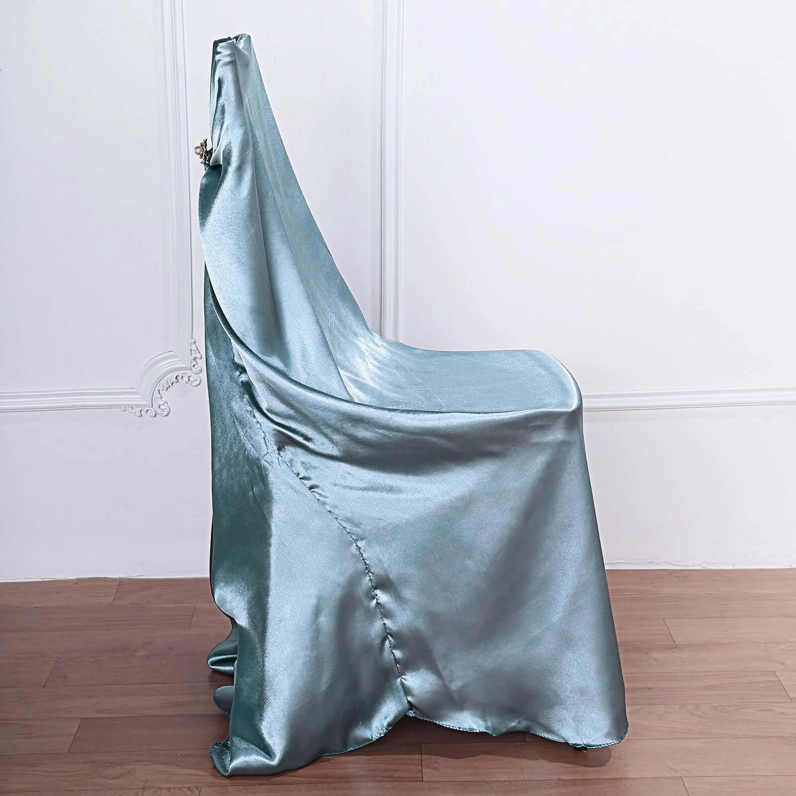 Dusty Blue Satin Self-Tie Chair Cover - Universal Slip-On for Folding, Dining & Banquet Chairs