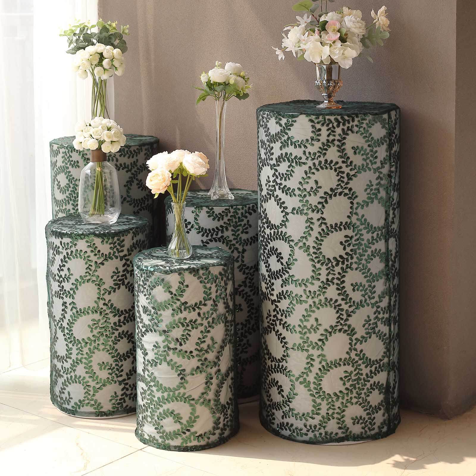 Hot Deal! Set of 5 Sparkly Hunter Emerald Green Sequin Mesh Cylinder Pedestal Stand Covers with Leaf Vine Embroidery