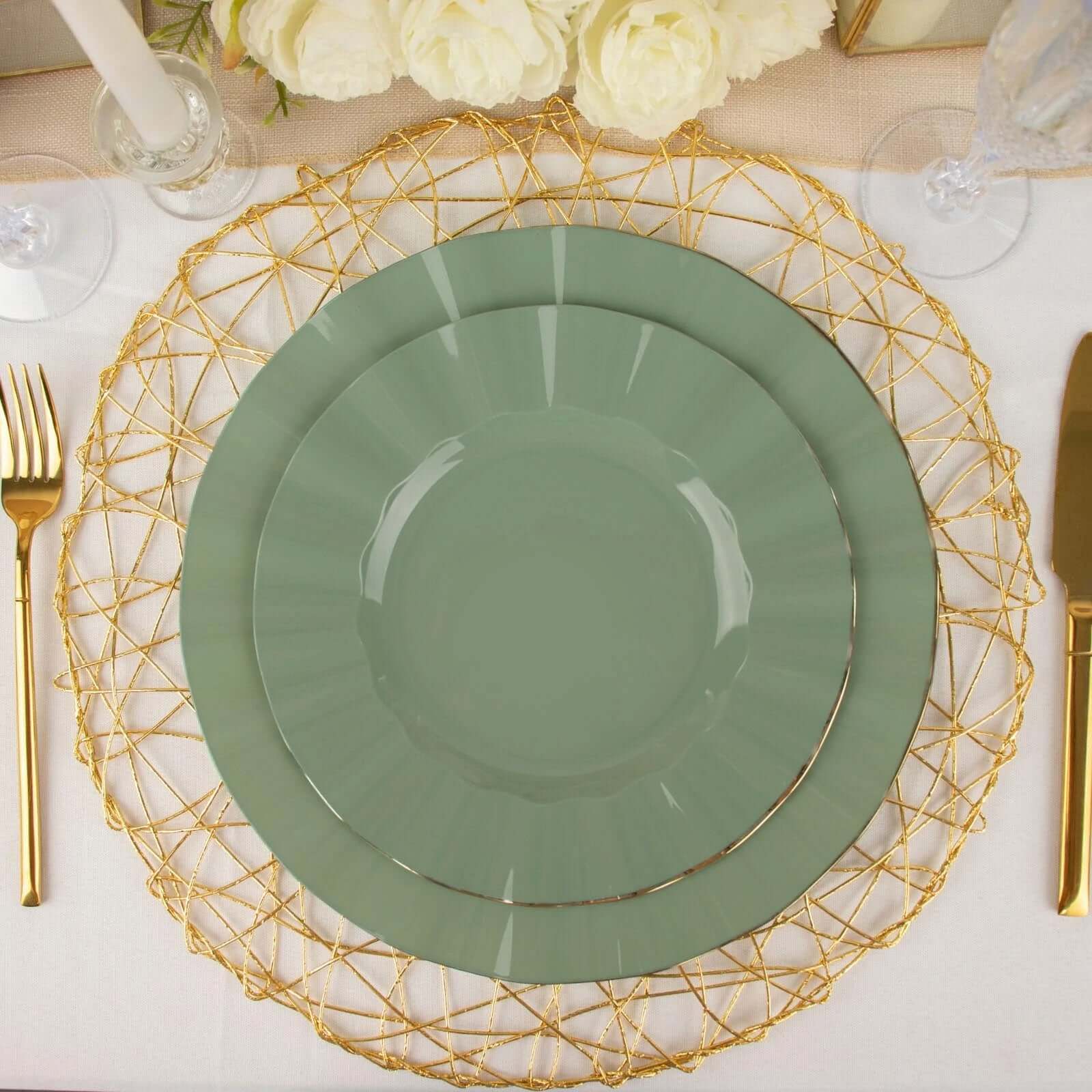 10-Piece Set of Sturdy Disposable 9-Inch Round Dinner Plates in Dusty Sage Green with Gold-Rimmed Ruffle