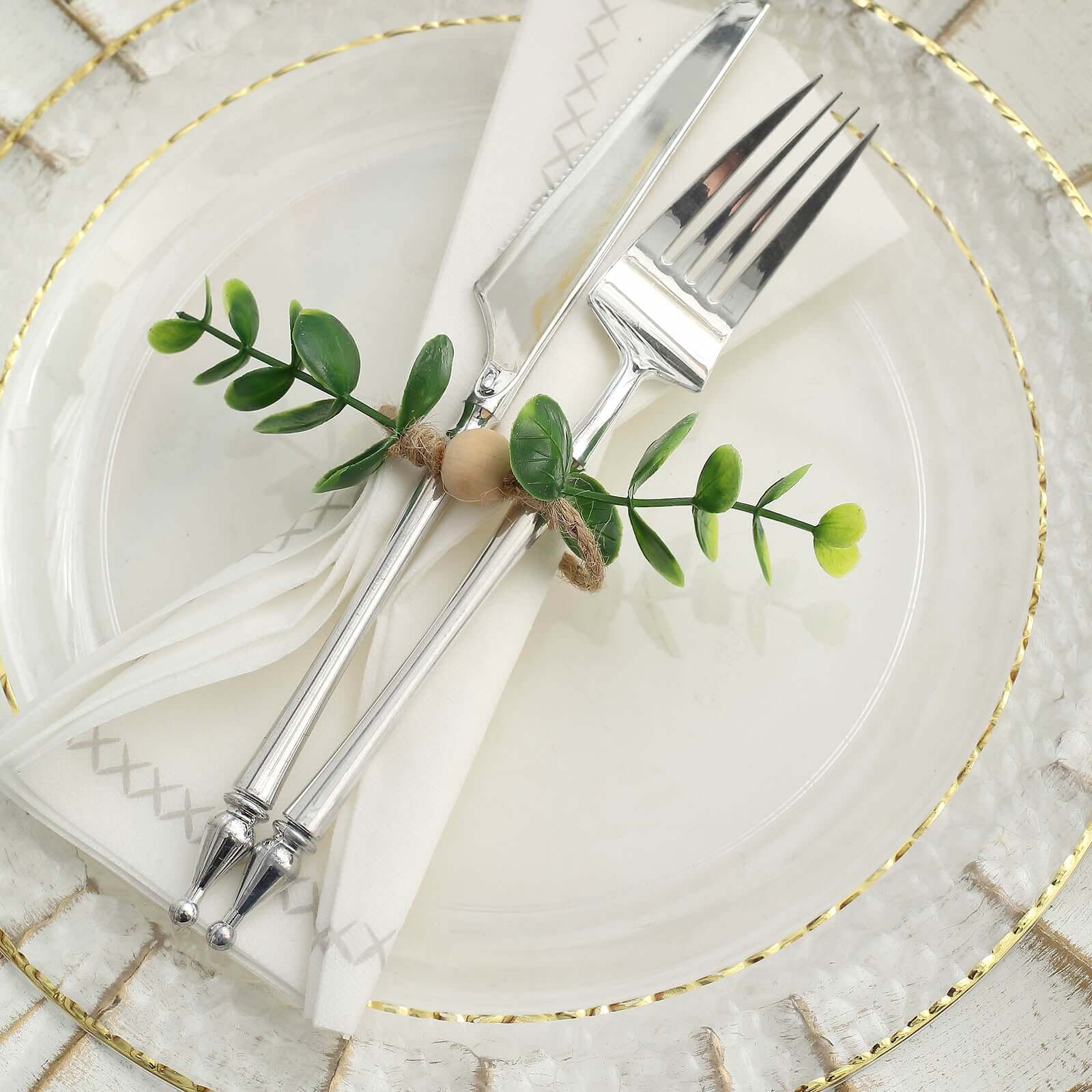 8-Piece Handmade Rustic Green Eucalyptus Leaf & Wooden Bead Jute Napkin Holders