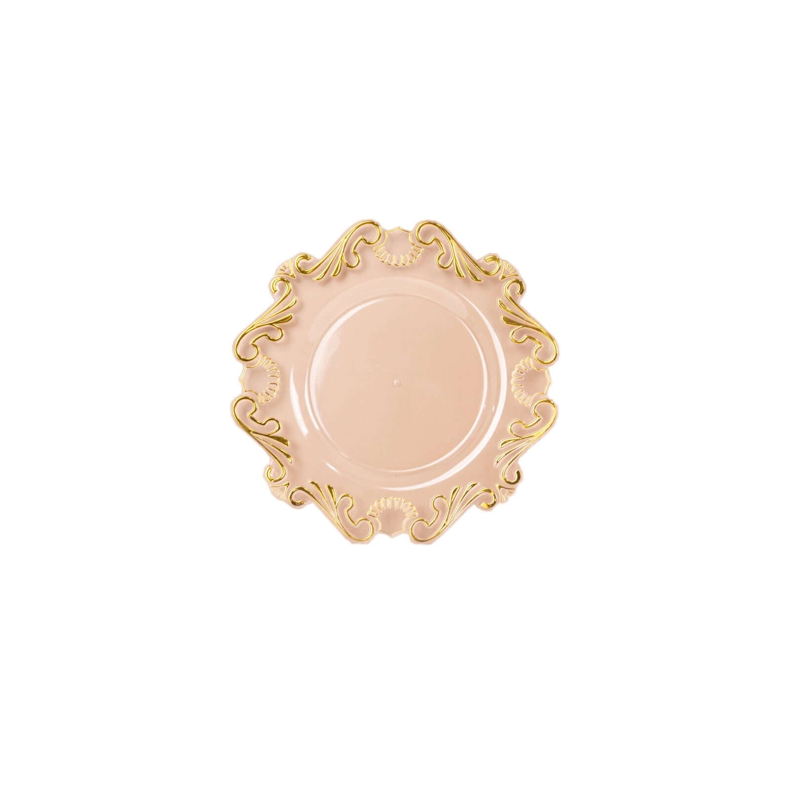 10-Piece Set of Clear Plastic Round Dessert Plates with Gold Vintage Baroque Scalloped Edge