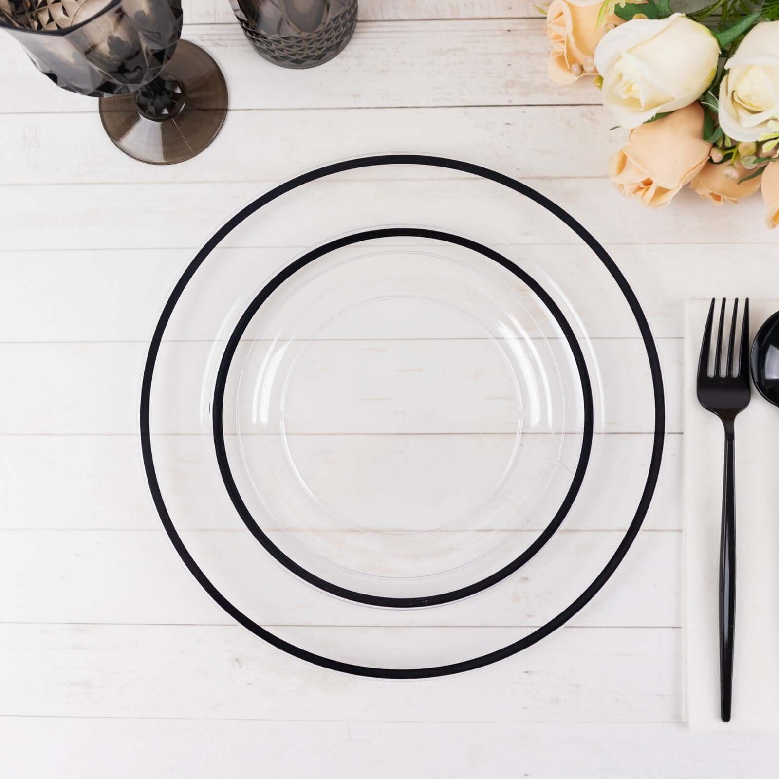 10-Pack Disposable Clear Plastic Salad Plates with Black Rim - Ideal for Banquets and Special Occasions