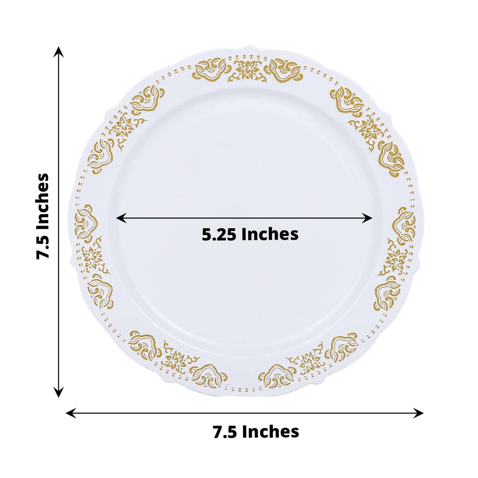 10-Pack White Plastic Round Appetizer Plates with Gold Embossed Scalloped Edge for Special Events