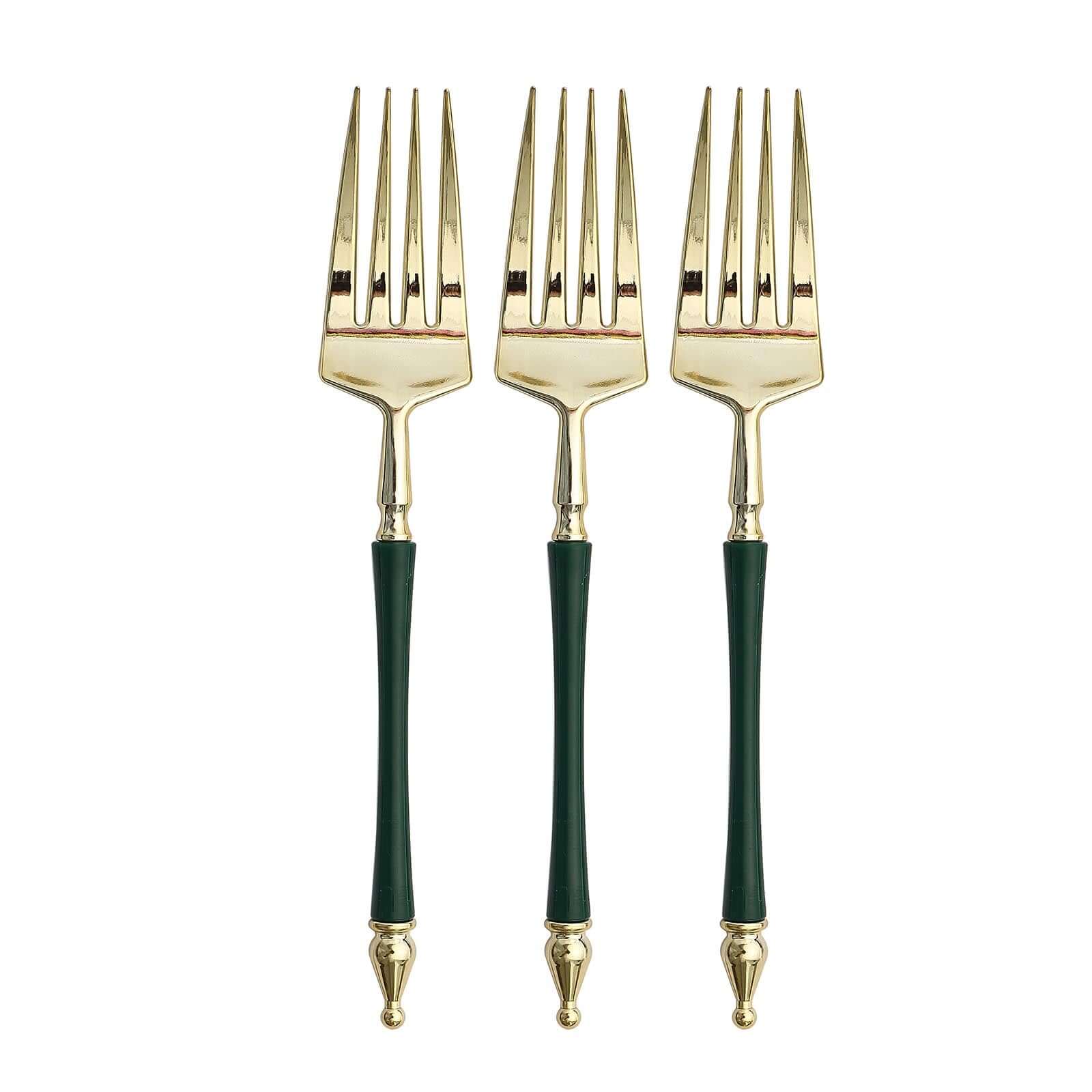 24-Pack 6" Gold & Hunter Emerald Green Plastic Dessert Forks with Roman Column Handles - European Style Disposable Utensils