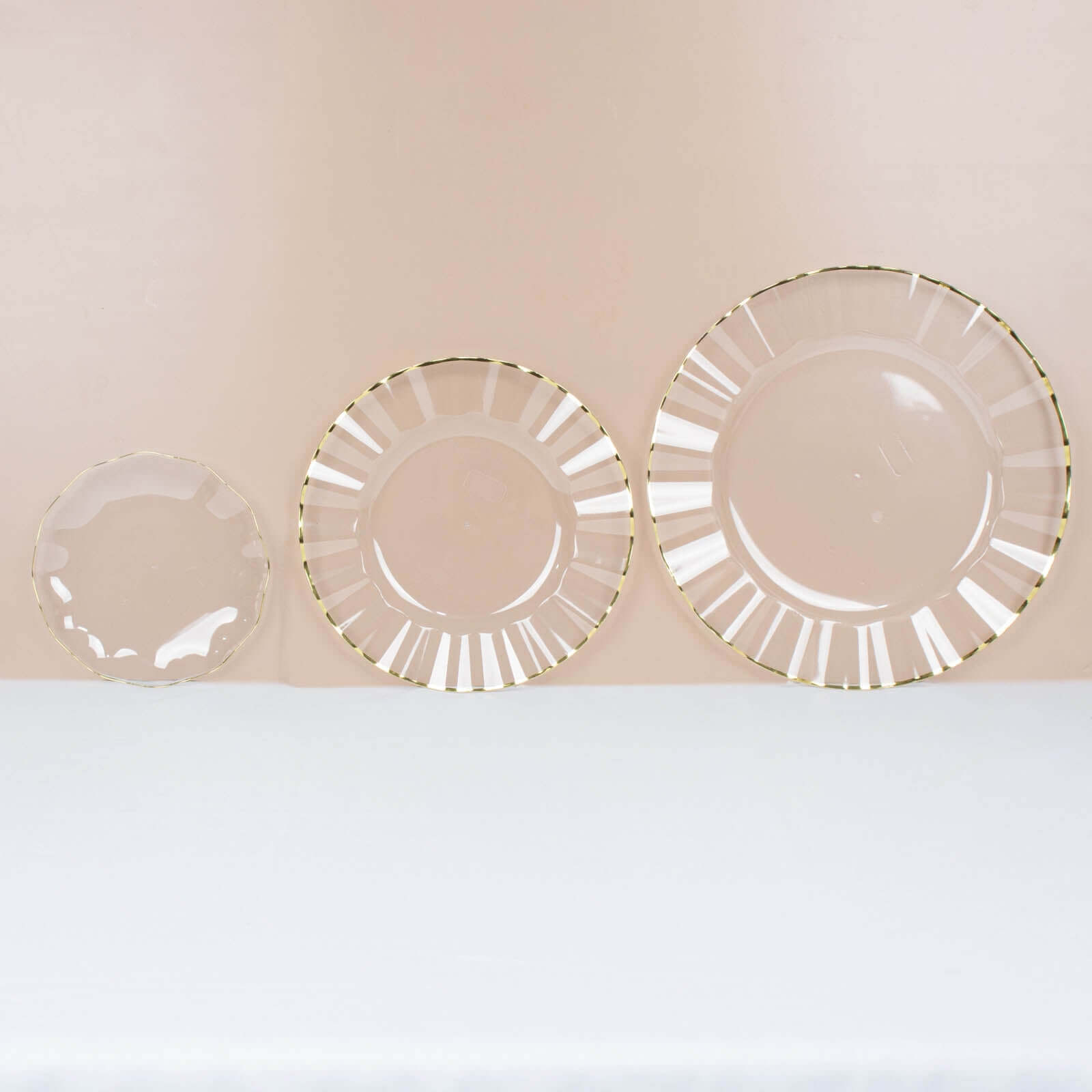 10-Piece Set of Sturdy Disposable Plastic Round Dinner Plates with Clear Ruffled Rim and Gold Edging