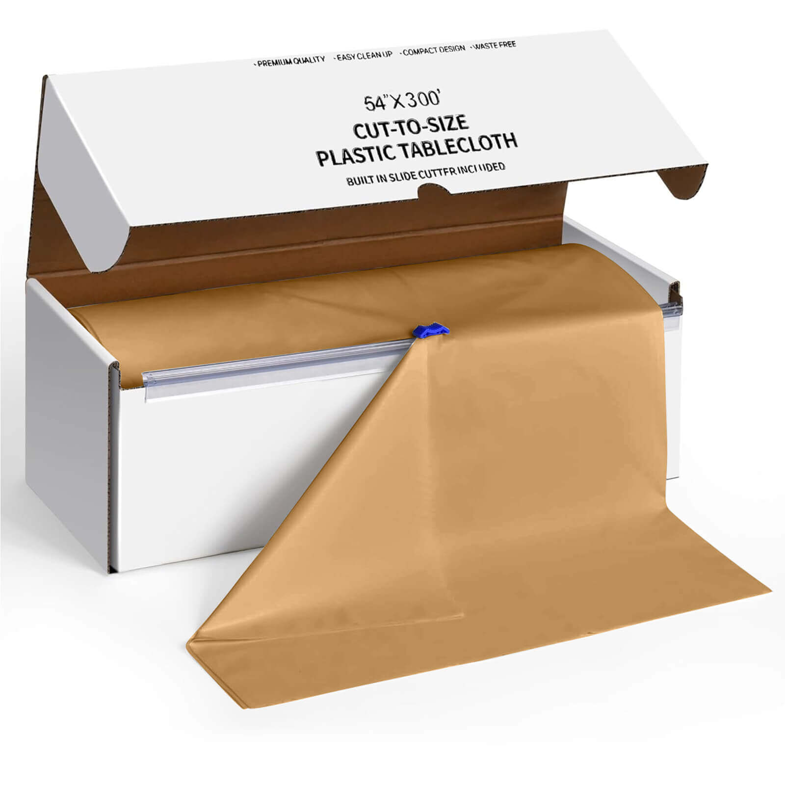Customizable Gold Plastic Table Cover Roll with Slide Cutter - Great for Events!