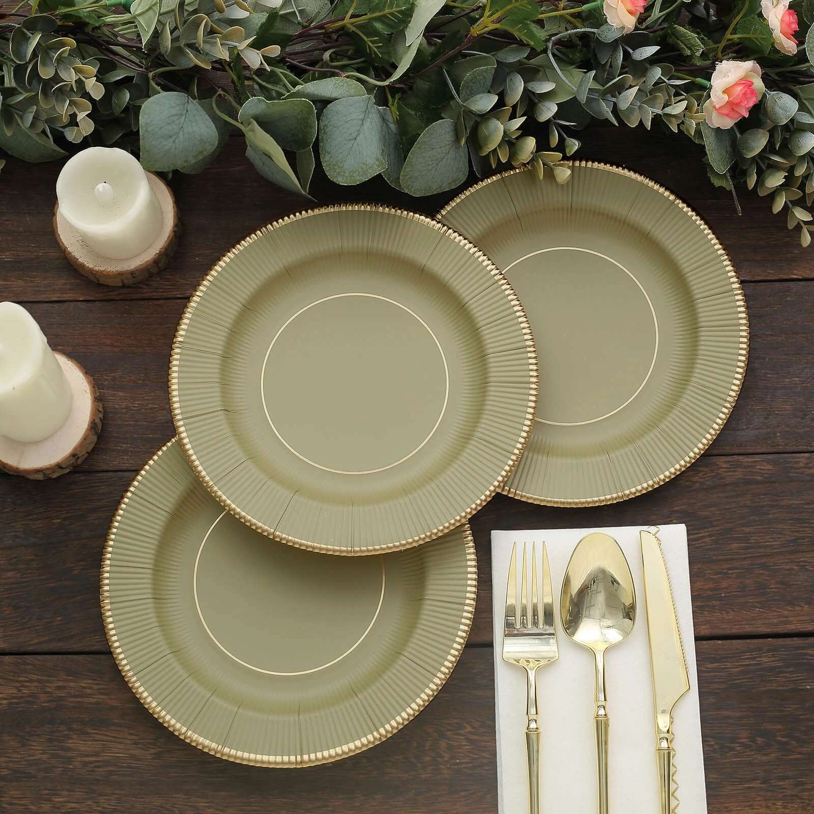 25-Pack Disposable 8-Inch Round Khaki Sunray Dessert Plates with Gold Rim - Heavy Duty 350GSM