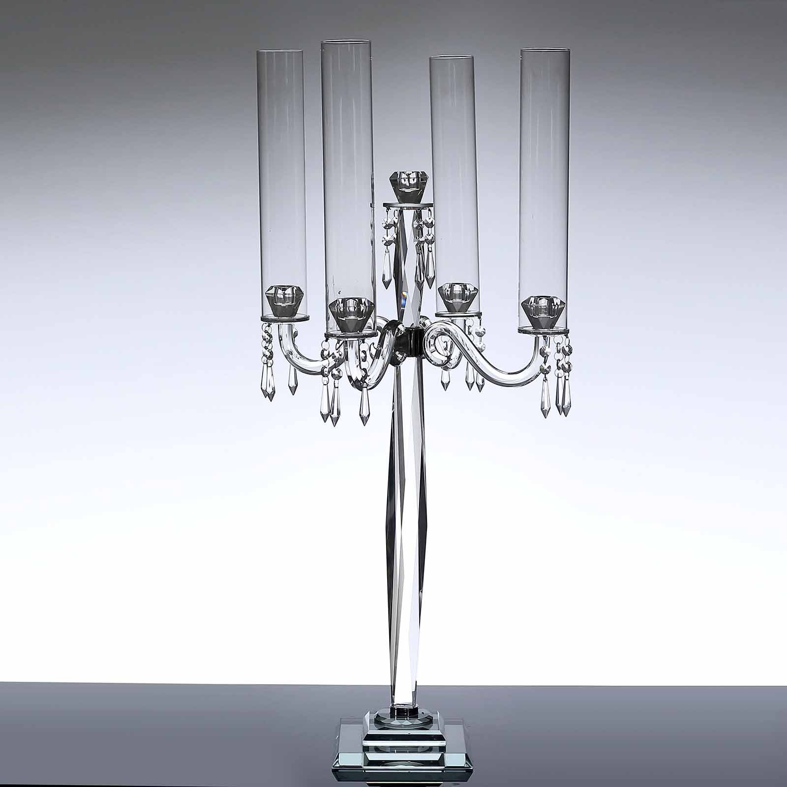 36-Inch 4-Arm Decorative Crystal Glass Taper Candle Holder Candelabra with Chandelier Chains